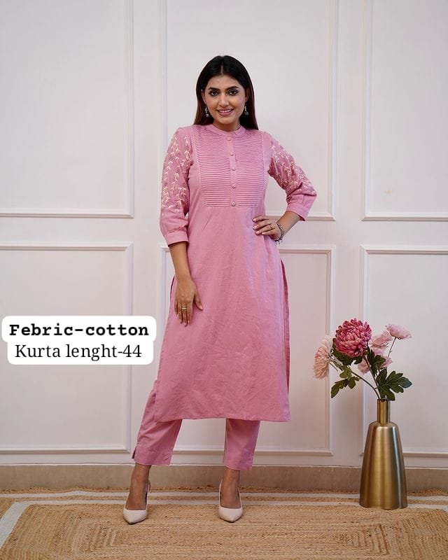Pink Kurti Pant Set with Embroidery & Pintex Detailing